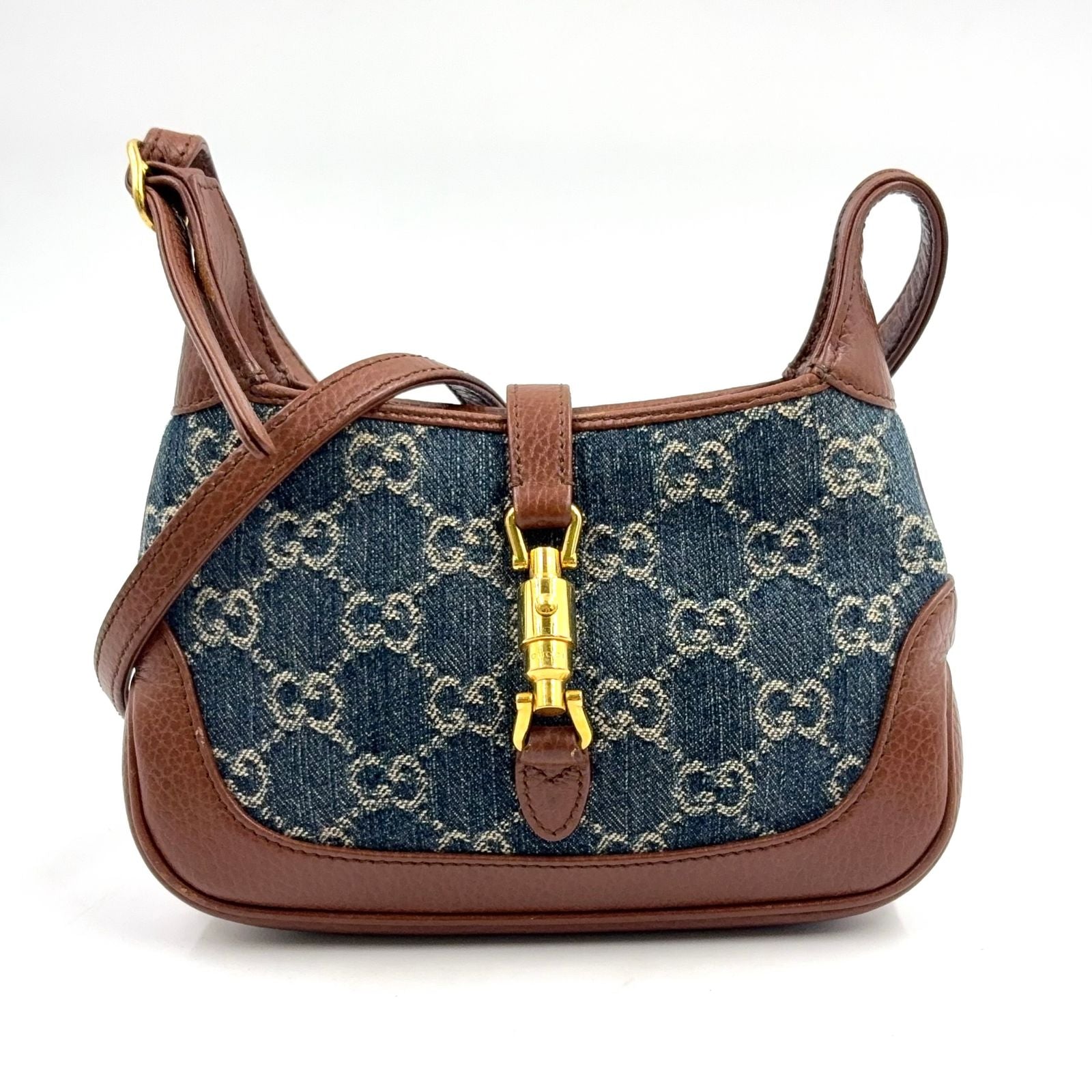 Gucci Jackie GG Denim Leather Indigo Blue Brown Mini Shoulder Bag Gold