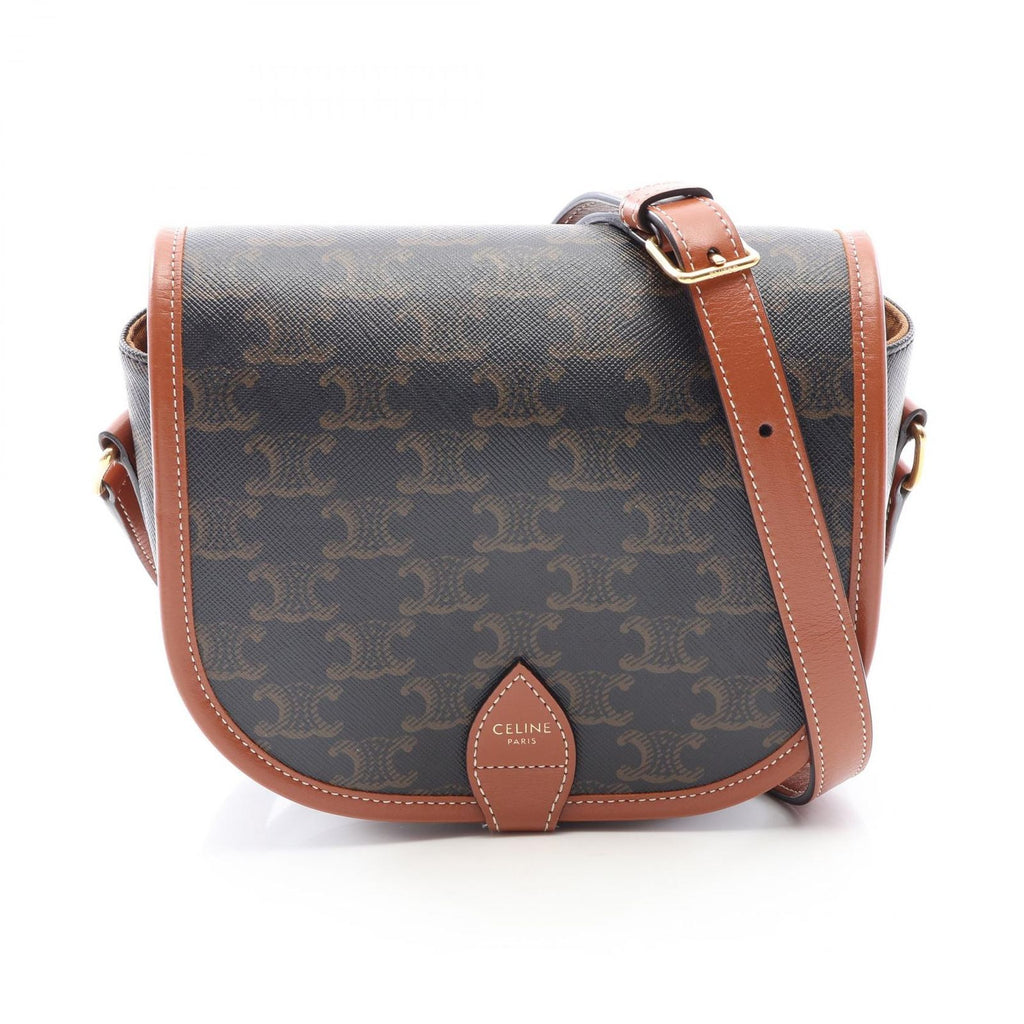 Celine Shoulder Bag Folco Triomphe Black Brown Canvas Leather