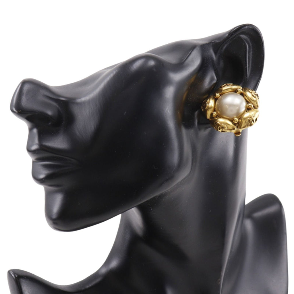 Chanel CC Logo Flower Vintage Gold Plated Faux Pearl Earrings — view 2