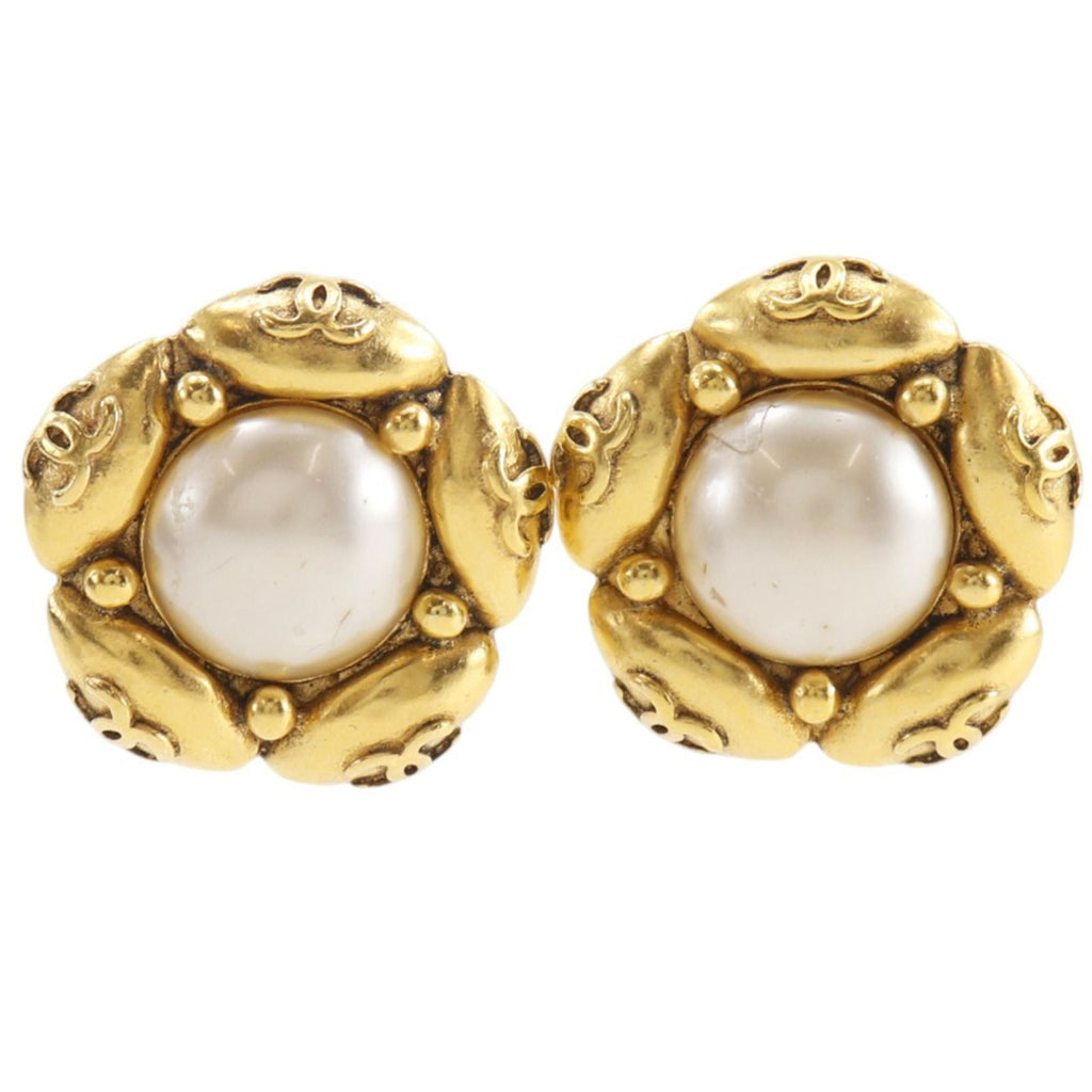 Chanel CC Logo Flower Vintage Gold Plated Faux Pearl Earrings
