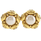 Chanel CC Logo Flower Vintage Gold Plated Faux Pearl Earrings