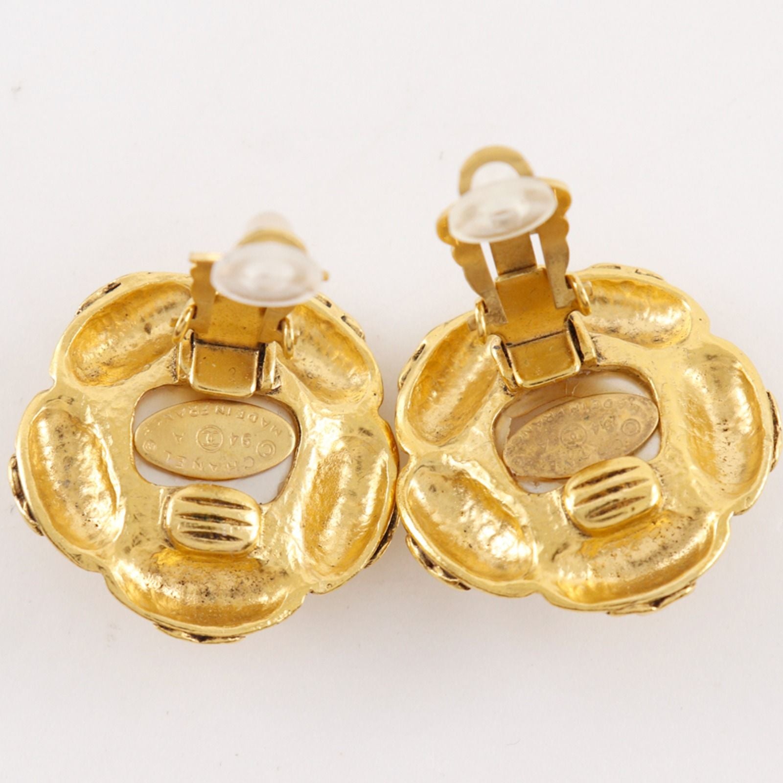 Chanel CC Logo Flower Vintage Gold Plated Faux Pearl Earrings — view 4