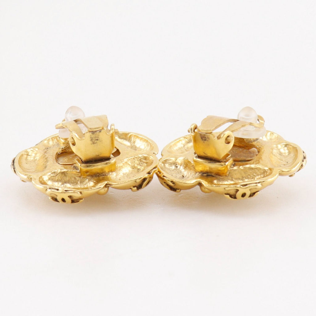 Chanel CC Logo Flower Vintage Gold Plated Faux Pearl Earrings — view 5