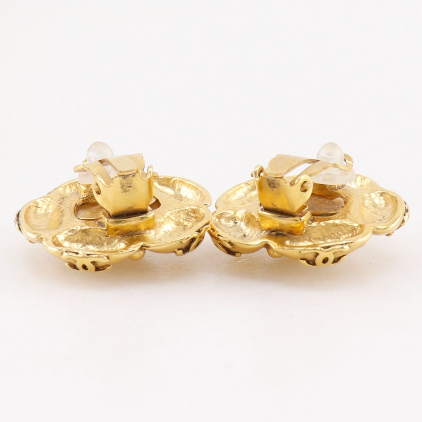 Chanel CC Logo Flower Vintage Gold Plated Faux Pearl Earrings — view 5