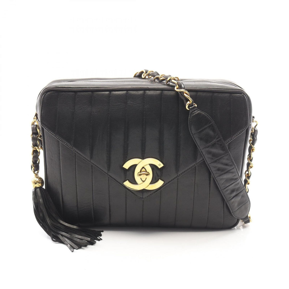 Chanel Shoulder Bag Mademoiselle Tassel Black Lambskin Fringe Chain