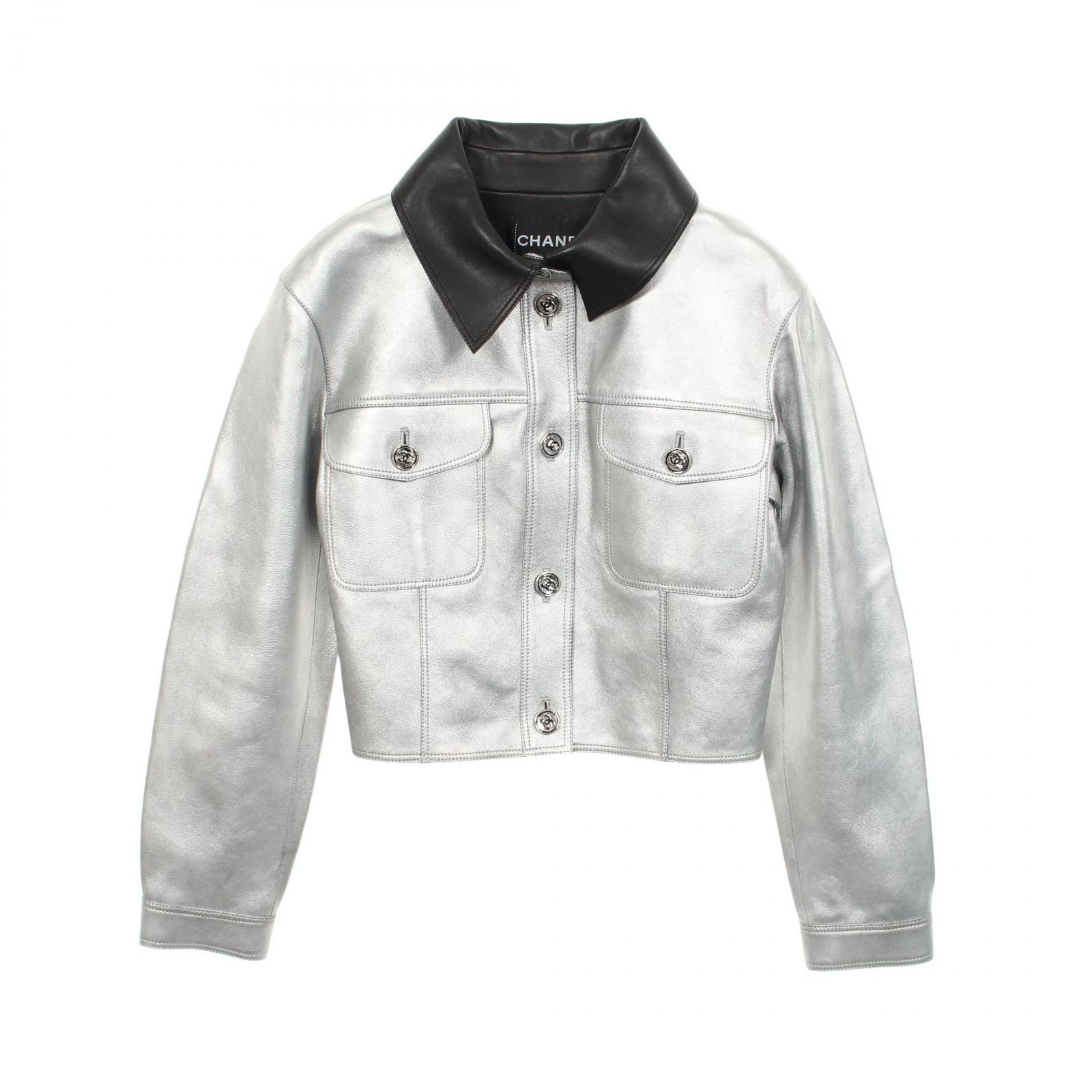 Chanel Leather Jacket CC Logo Button Metallic Cles the