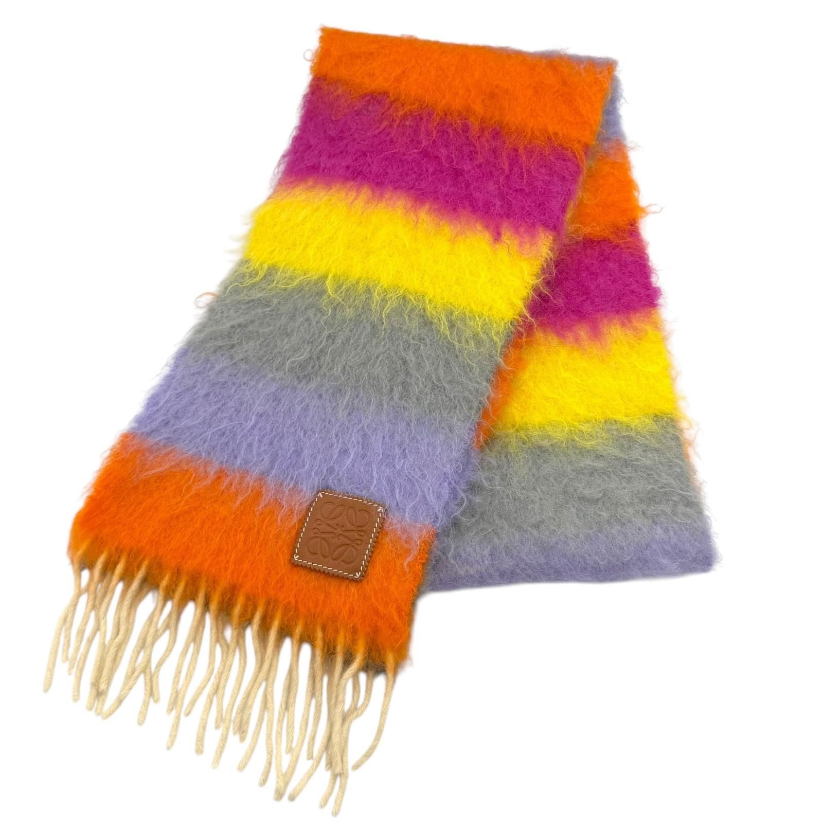 Loewe Mohair Wool Blend Anag Lambskin Patch Border Fringe Scarf Multi