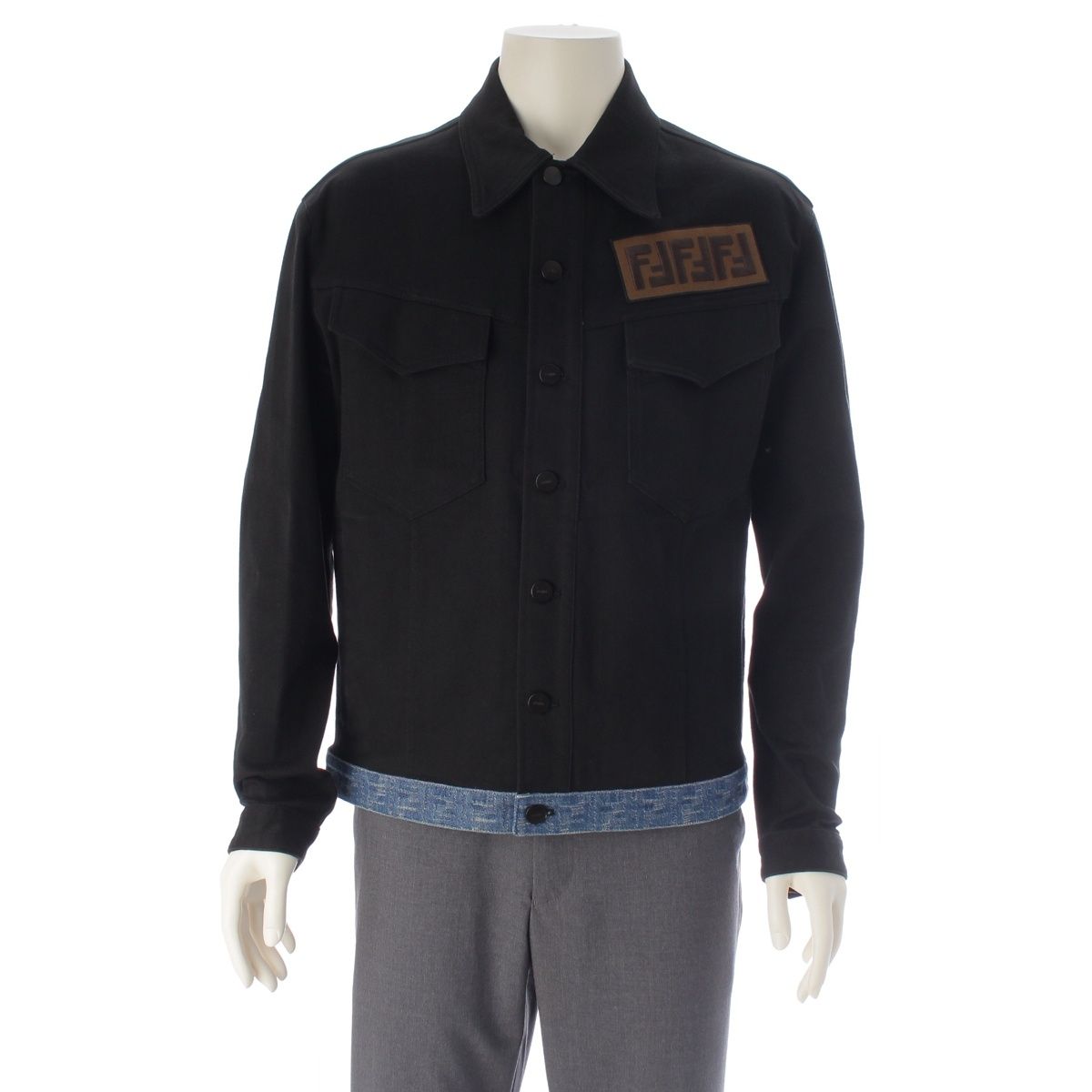 Fendi Cotton Logo Embroidery Denim Contrast Jacket Black Blue 50