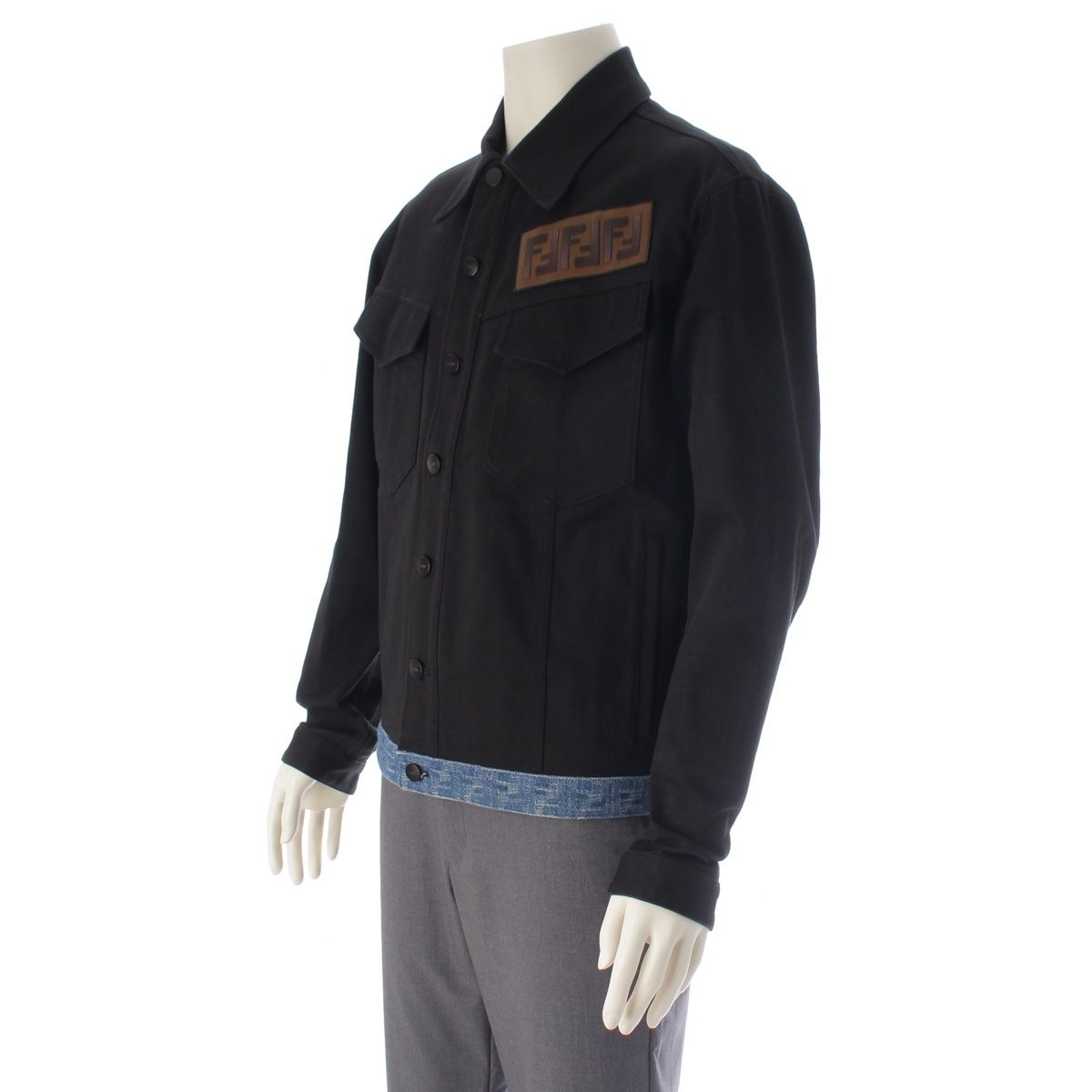 Fendi Cotton Logo Embroidery Denim Contrast Jacket Black Blue 50 — view 2