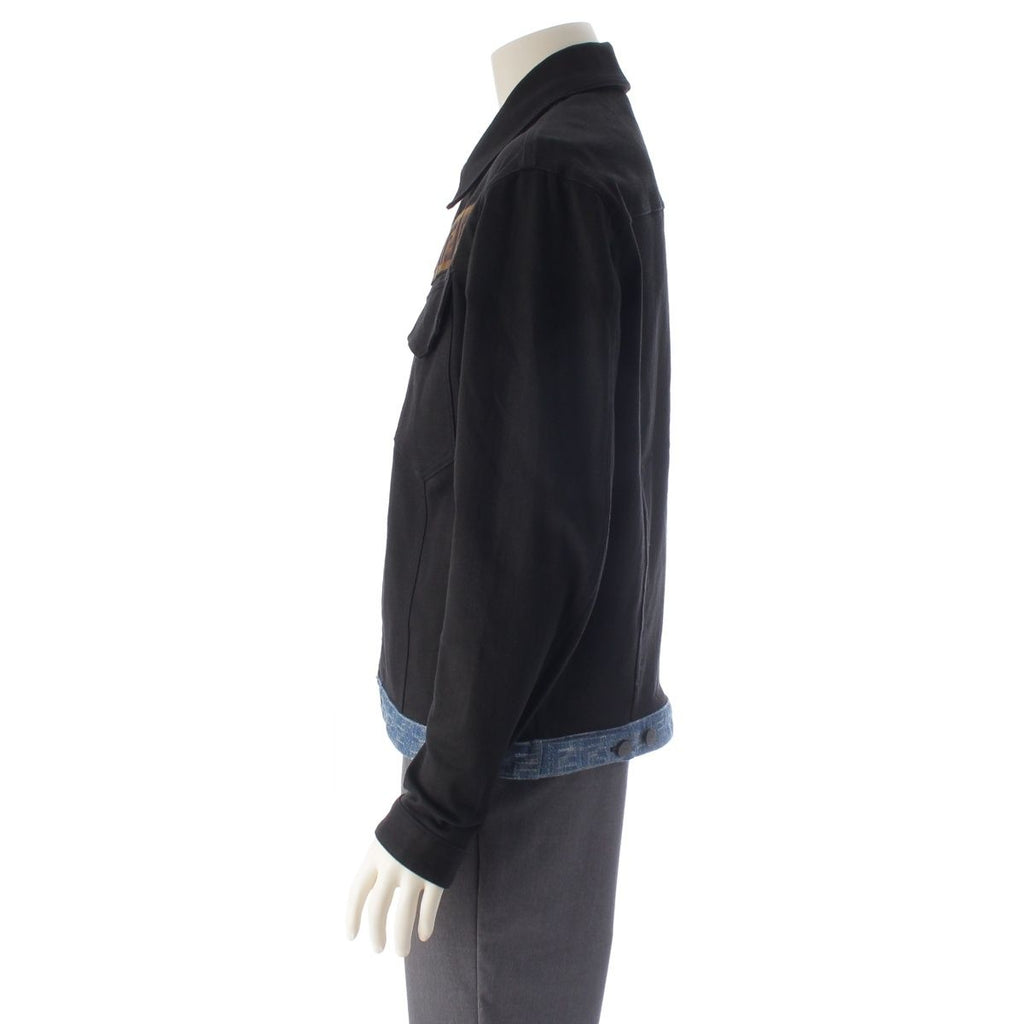 Fendi Cotton Logo Embroidery Denim Contrast Jacket Black Blue 50 — view 3