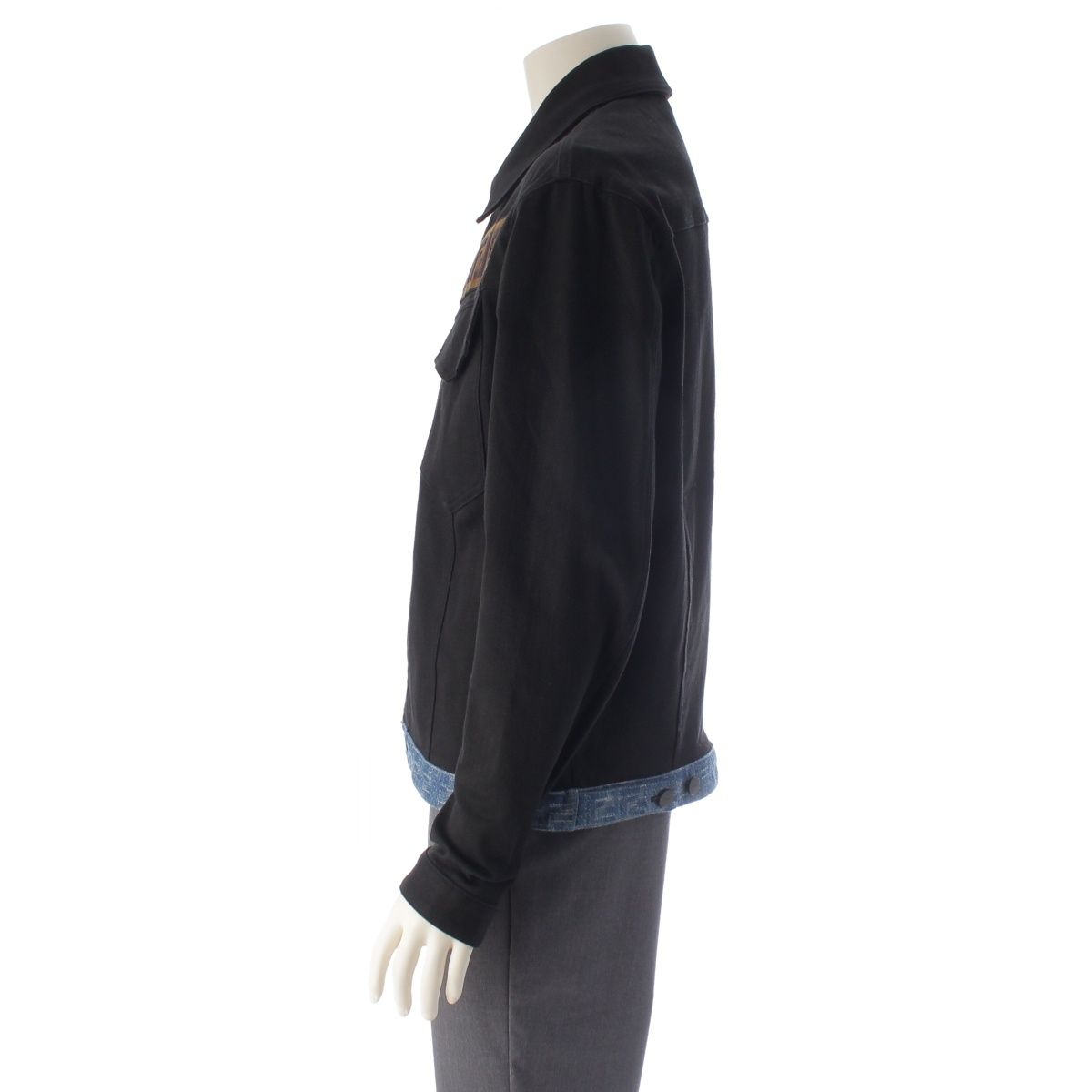 Fendi Cotton Logo Embroidery Denim Contrast Jacket Black Blue 50 — view 3