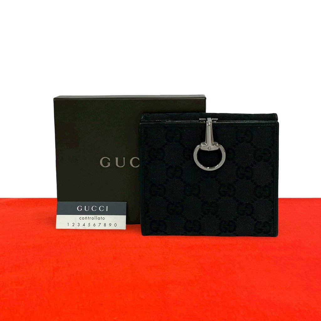 Gucci GG Pattern Logo Canvas Leather Bifold Wallet Card Case Coin Purse Black