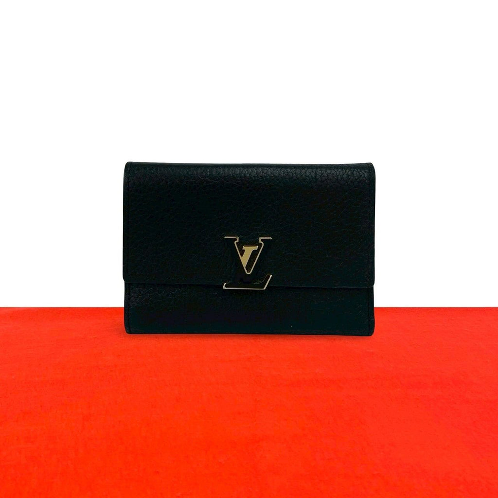 Louis Vuitton Portefeuille Capucines Compact Leather Trifold Wallet Black Pink