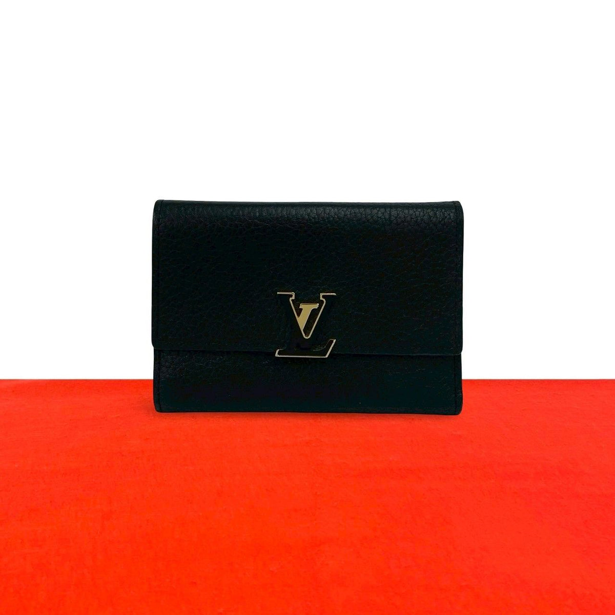 Louis Vuitton Portefeuille Capucines Compact Leather Trifold Wallet Black Pink