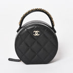 Chanel Small Round Vanity Bag Handbag Stand CC Logo Caviar Leather Black