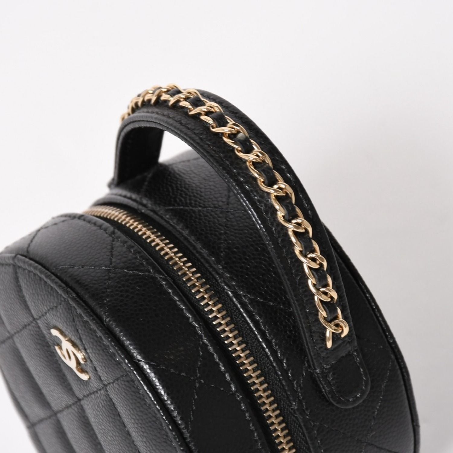 Chanel Small Round Vanity Bag Handbag Stand CC Logo Caviar Leather Black — view 5