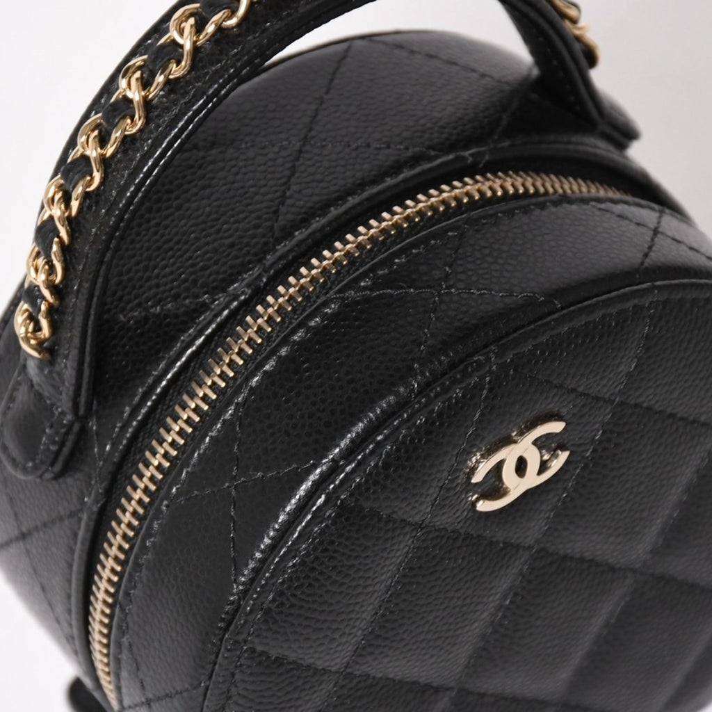 Chanel Small Round Vanity Bag Handbag Stand CC Logo Caviar Leather Black — view 6