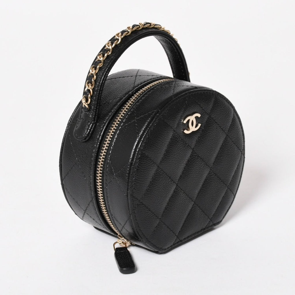 Chanel Small Round Vanity Bag Handbag Stand CC Logo Caviar Leather Black — view 3