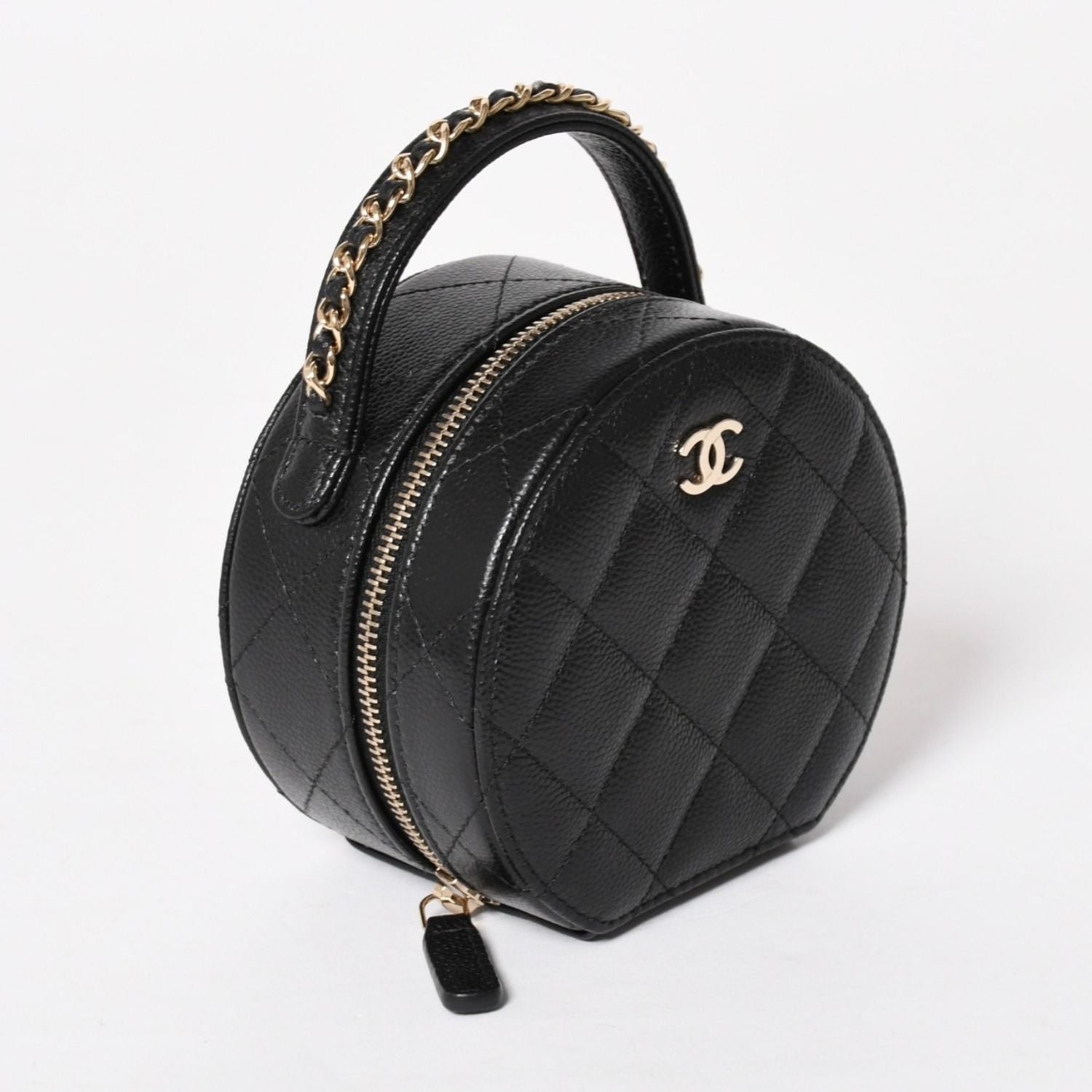 Chanel Small Round Vanity Bag Handbag Stand CC Logo Caviar Leather Black — view 3