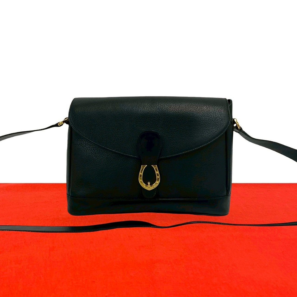 Gucci Vintage Horseshoe Leather Shoulder Bag Cross Black
