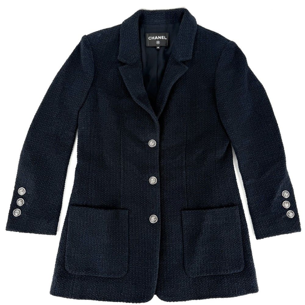 Chanel Tailored Jacket CC Logo 38 Navy Cotton Viscose