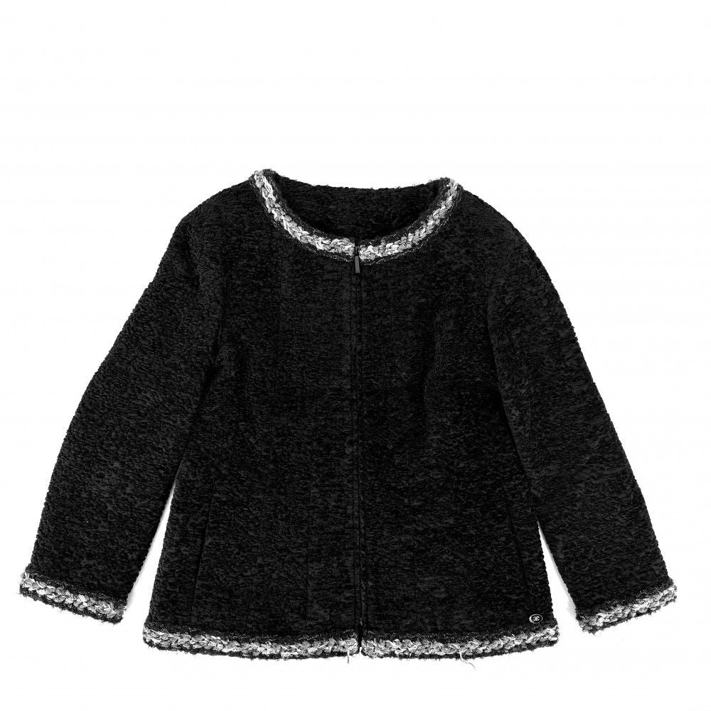 Chanel Collarless Jacket Zip Up 36 Black Silk Acrylic