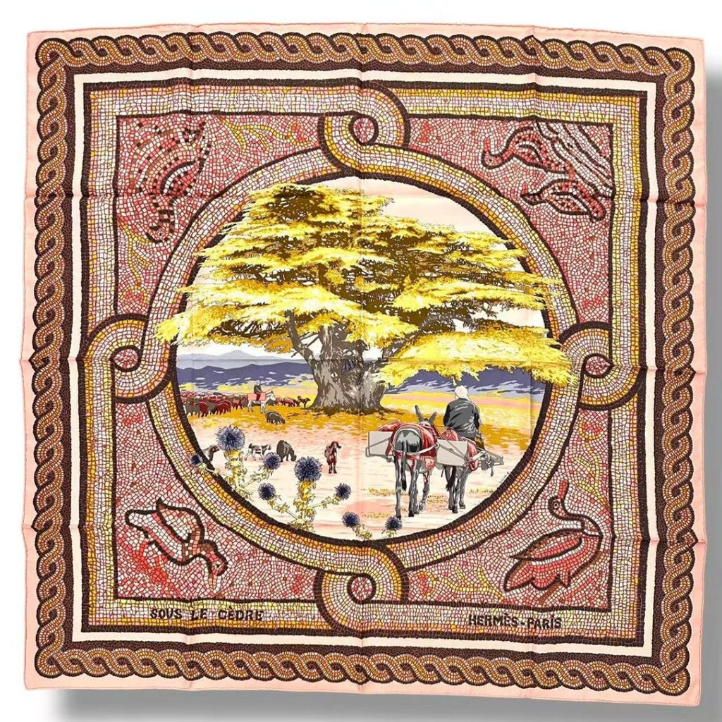 Hermes Scarf Silk Carre 90 Sous le Cedre Under Himalayan Cedar Pink