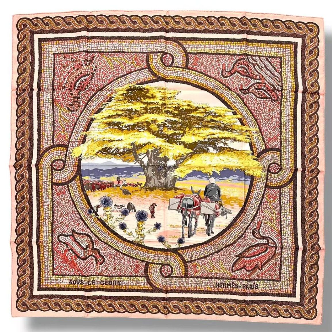 Hermes Scarf Silk Carre 90 Sous le Cedre Under Himalayan Cedar Pink