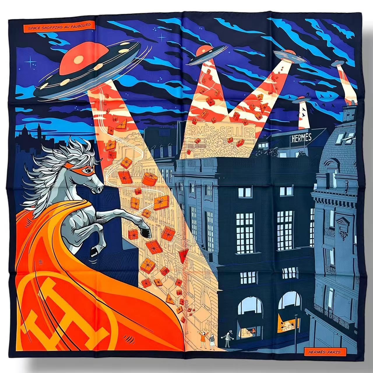 Hermes Scarf Silk Carre 90 Space Shopping Au Faubourg Navy