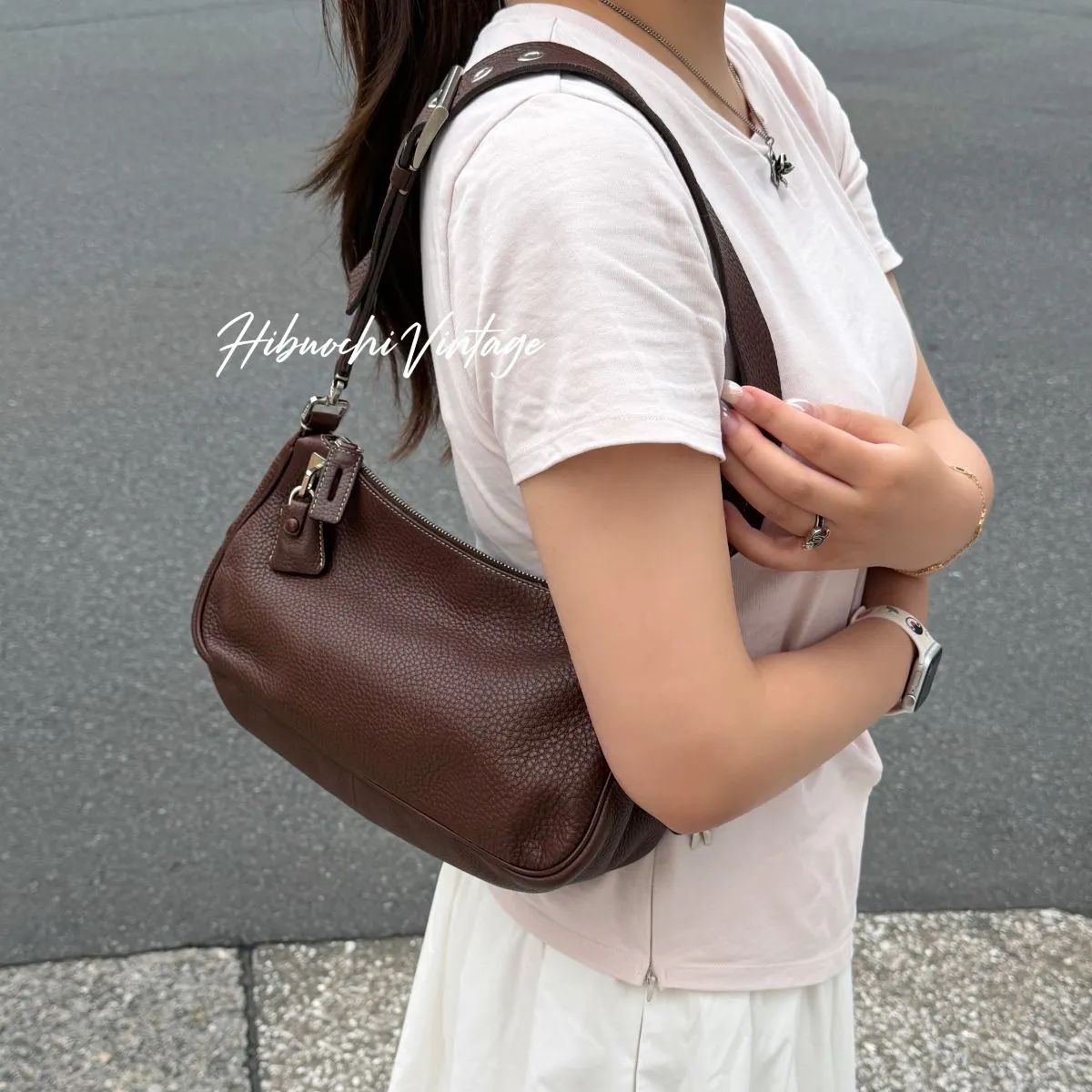 Prada Shoulder Bag Leather Brown Silver Vintage