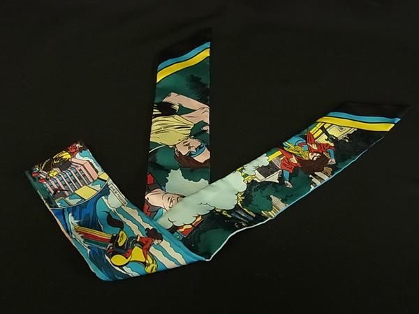 Hermes Wow Twilly 100% Silk American Comic Pattern Ribbon Scarf Blue Multicolor — view 2
