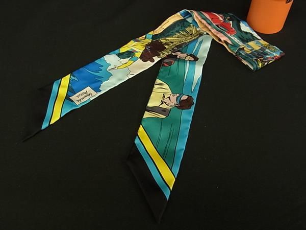 Hermes Wow Twilly 100% Silk American Comic Pattern Ribbon Scarf Blue Multicolor