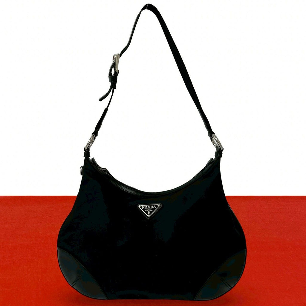 Prada Nylon Leather Shoulder Bag Tote Black