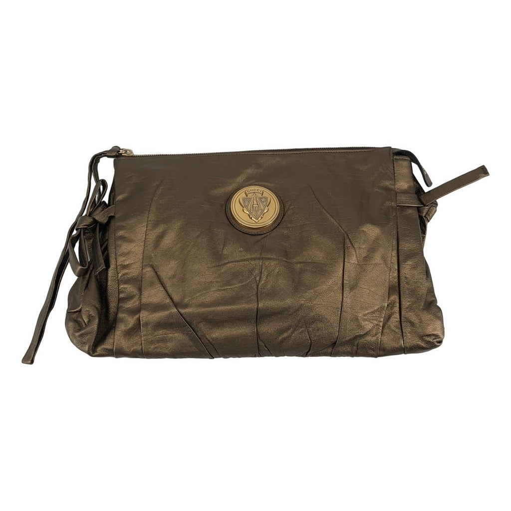Gucci Hysteria Leather Metallic Emblem Clutch Gold