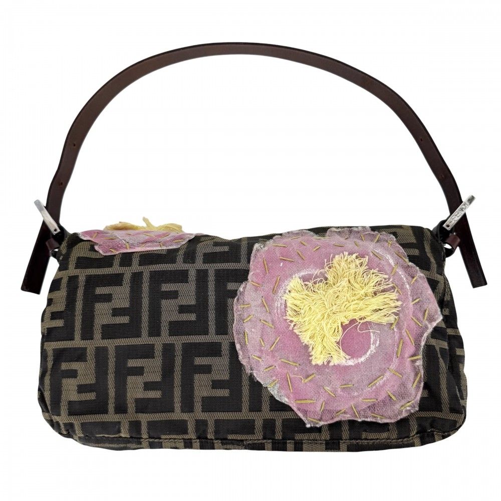 Fendi Handbag Mamma Bucket Floral Embroidery Shoulder Nylon Canvas Brown Pink — view 2