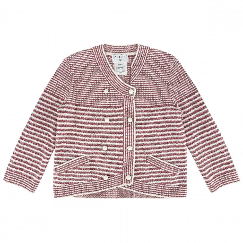 Chanel Set Summer Knit Border Cardigan Shorts 36 Red White Paper Cotton Silk — view 3