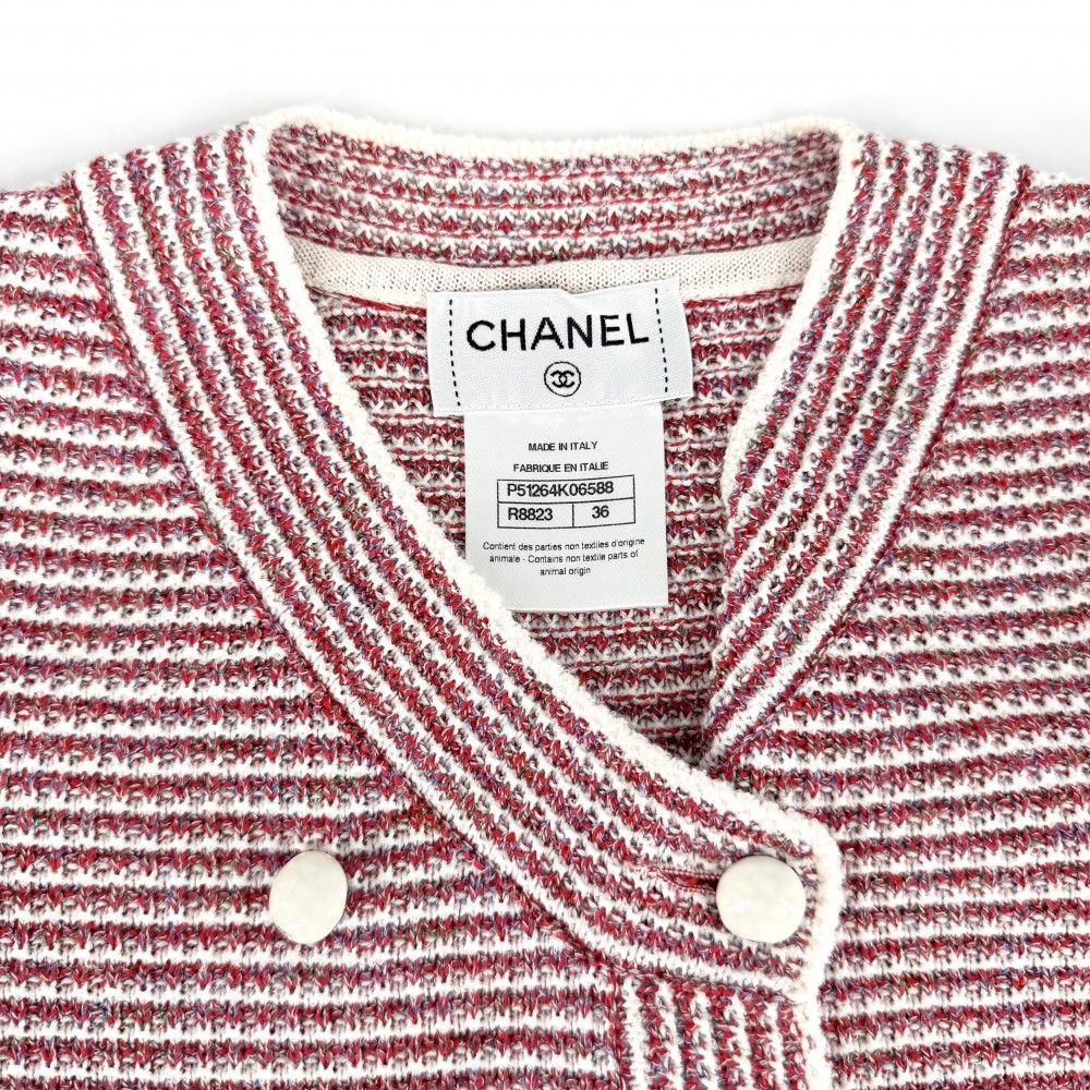 Chanel Set Summer Knit Border Cardigan Shorts 36 Red White Paper Cotton Silk — view 7