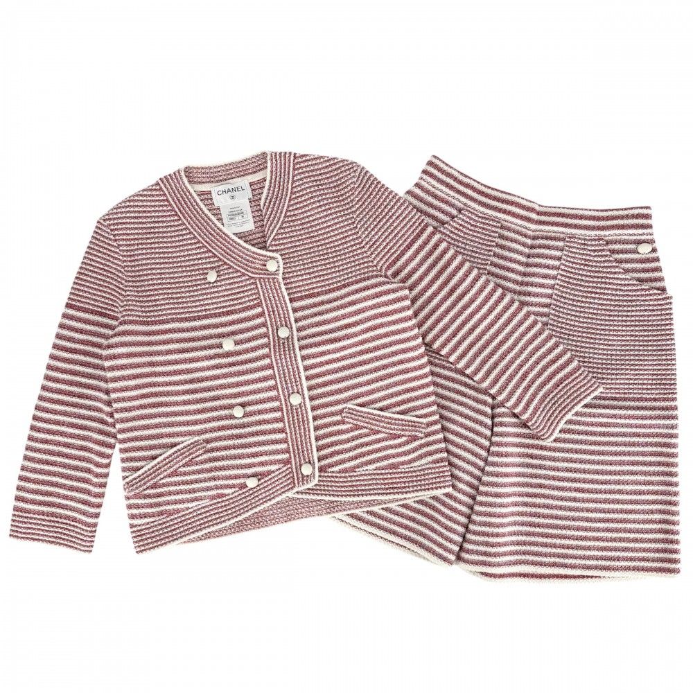 Chanel Set Summer Knit Border Cardigan Shorts 36 Red White Paper Cotton Silk