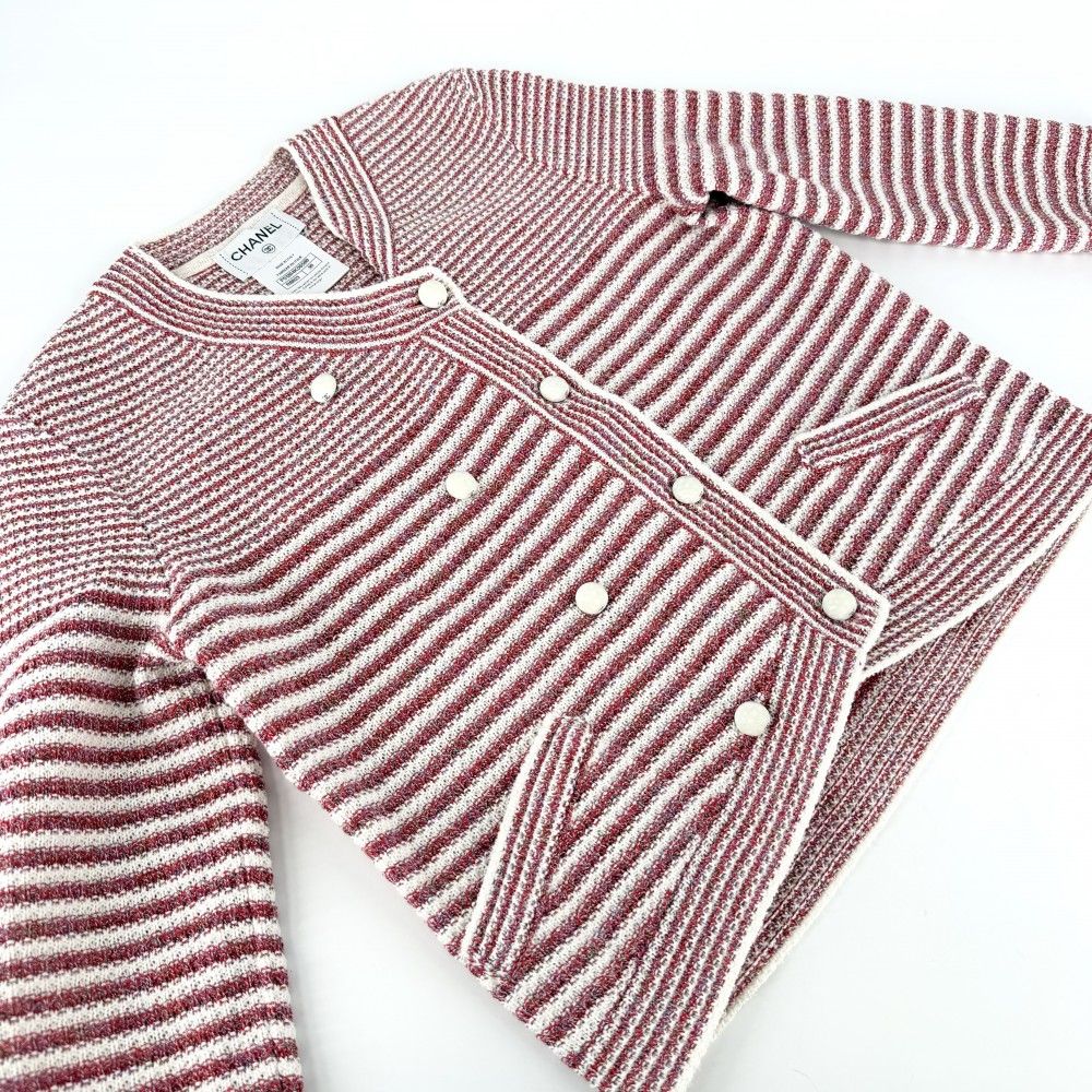 Chanel Set Summer Knit Border Cardigan Shorts 36 Red White Paper Cotton Silk — view 6