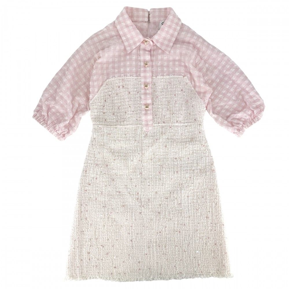 Chanel Dress Tweed Check Coco Button Sequin 38 Pink White Spring Summer Autumn