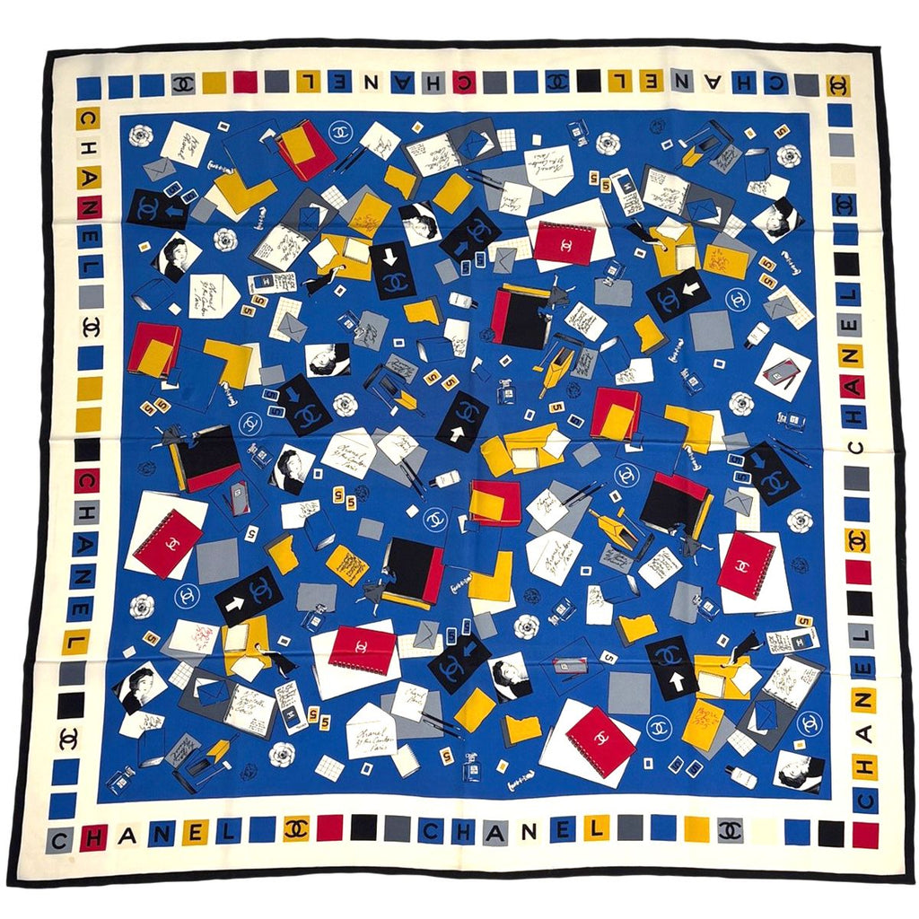 Chanel CC Logo Scarf Silk Blue Black Multicolor