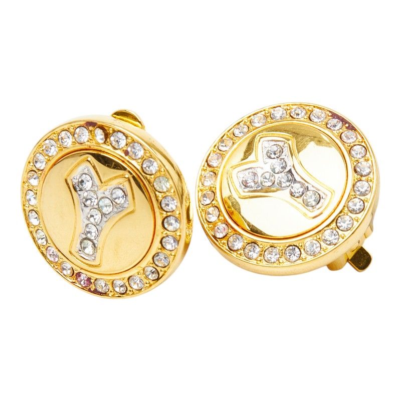 Saint Laurent Logo Earrings Gold Plated Rhinestone