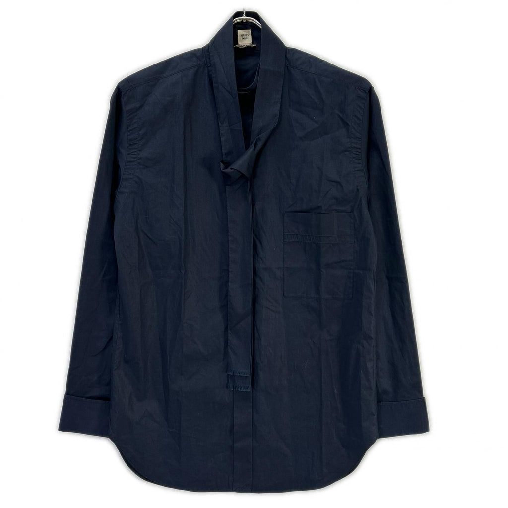 Hermes Navy Cotton Button Bowtie Shirt 38