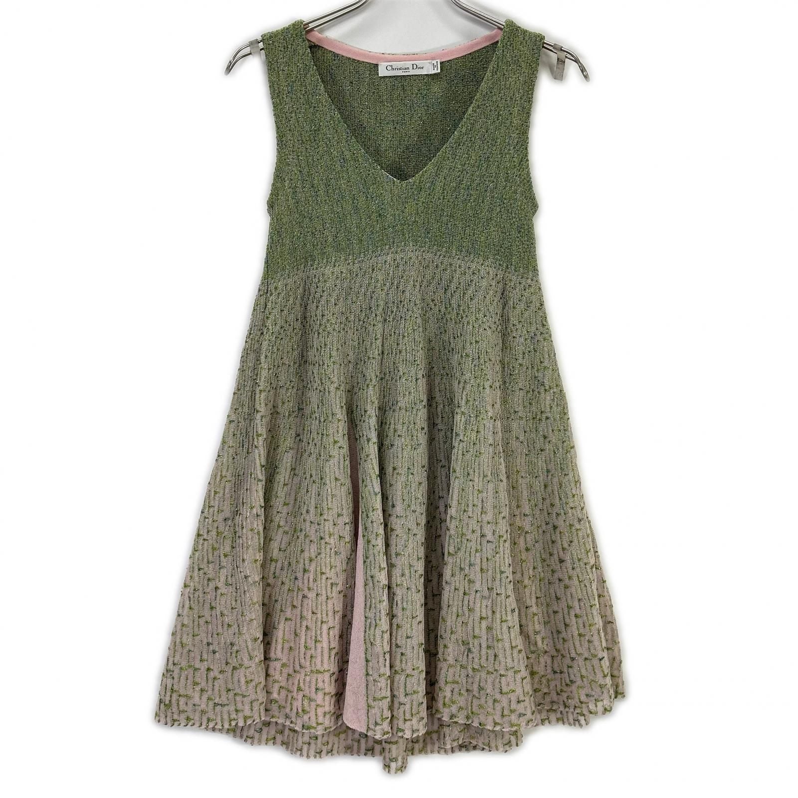 Dior Green Pink Cotton Lame Knit Dress 34 — view 2