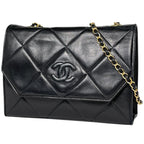 Chanel CC Logo Chain Shoulder Bag Quilted Leather Black