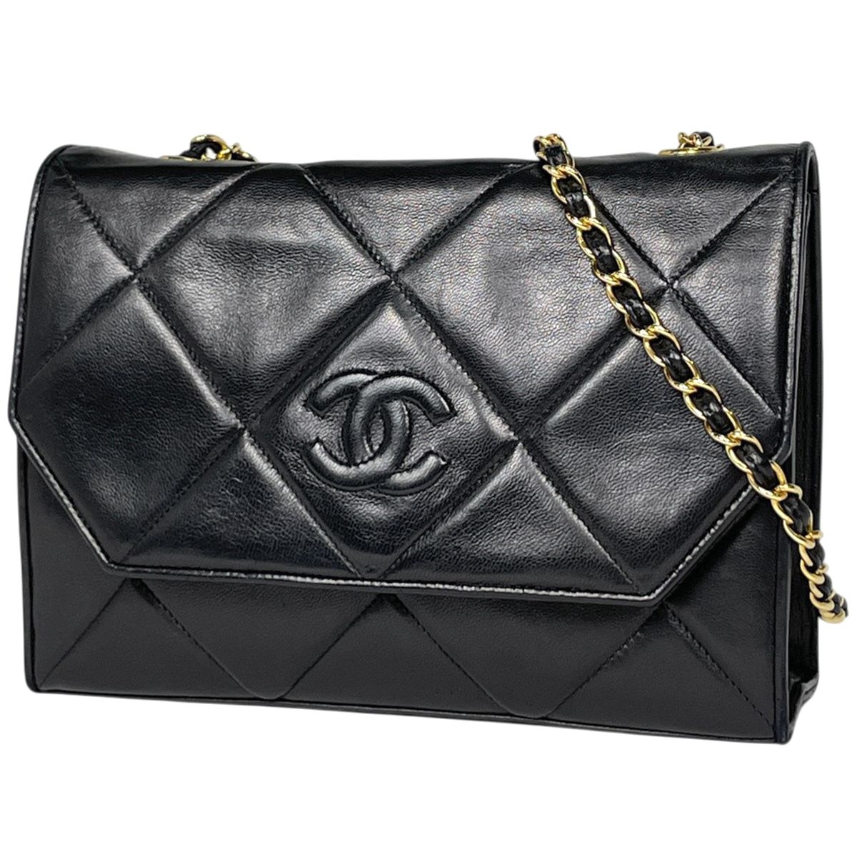 Chanel CC Logo Chain Shoulder Bag Quilted Leather Black