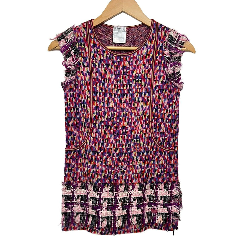 Chanel Tunic 38 M Pink Black Multi Crew Neck Sleeveless Cashmere Blend Knit