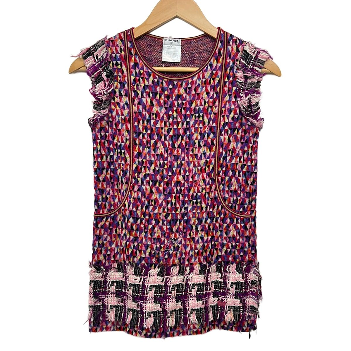 Chanel Tunic 38 M Pink Black Multi Crew Neck Sleeveless Cashmere Blend Knit