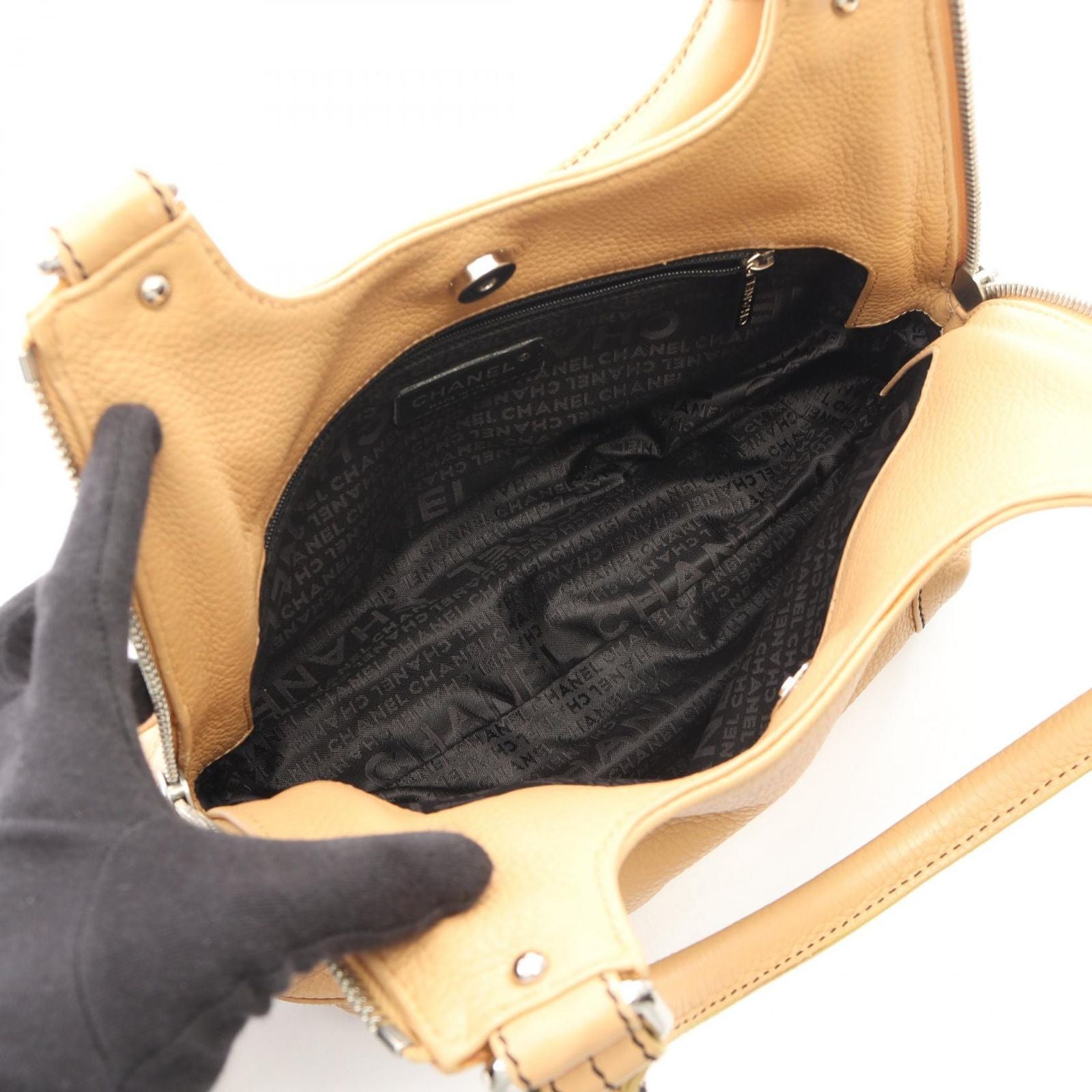 Chanel Handbag Logo Fringe Beige Caviar Leather — view 3