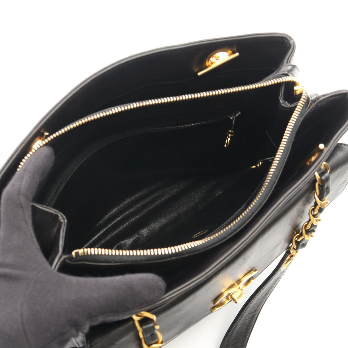 Chanel Tote CC Logo Black Lambskin Shoulder Bag — view 3